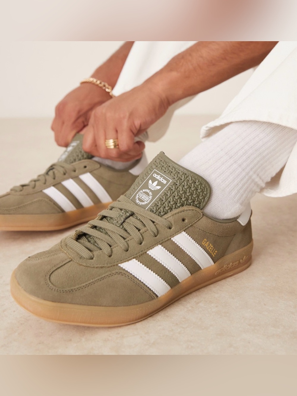 adidas Gazelle Indoor J Olive Green & White Suede Sneakers